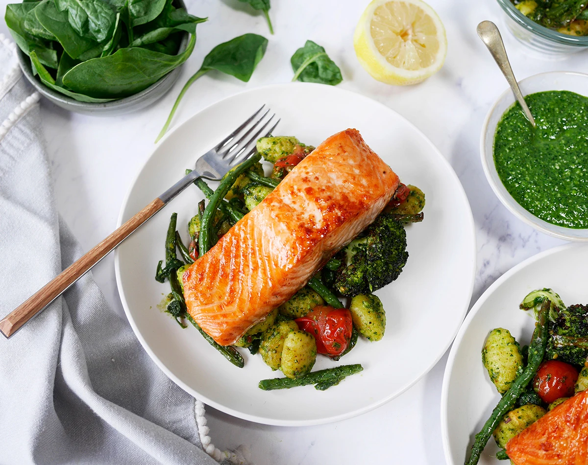 Roasted Salmon Fillet with Gnocchi, Vegetables and Spinach Pesto