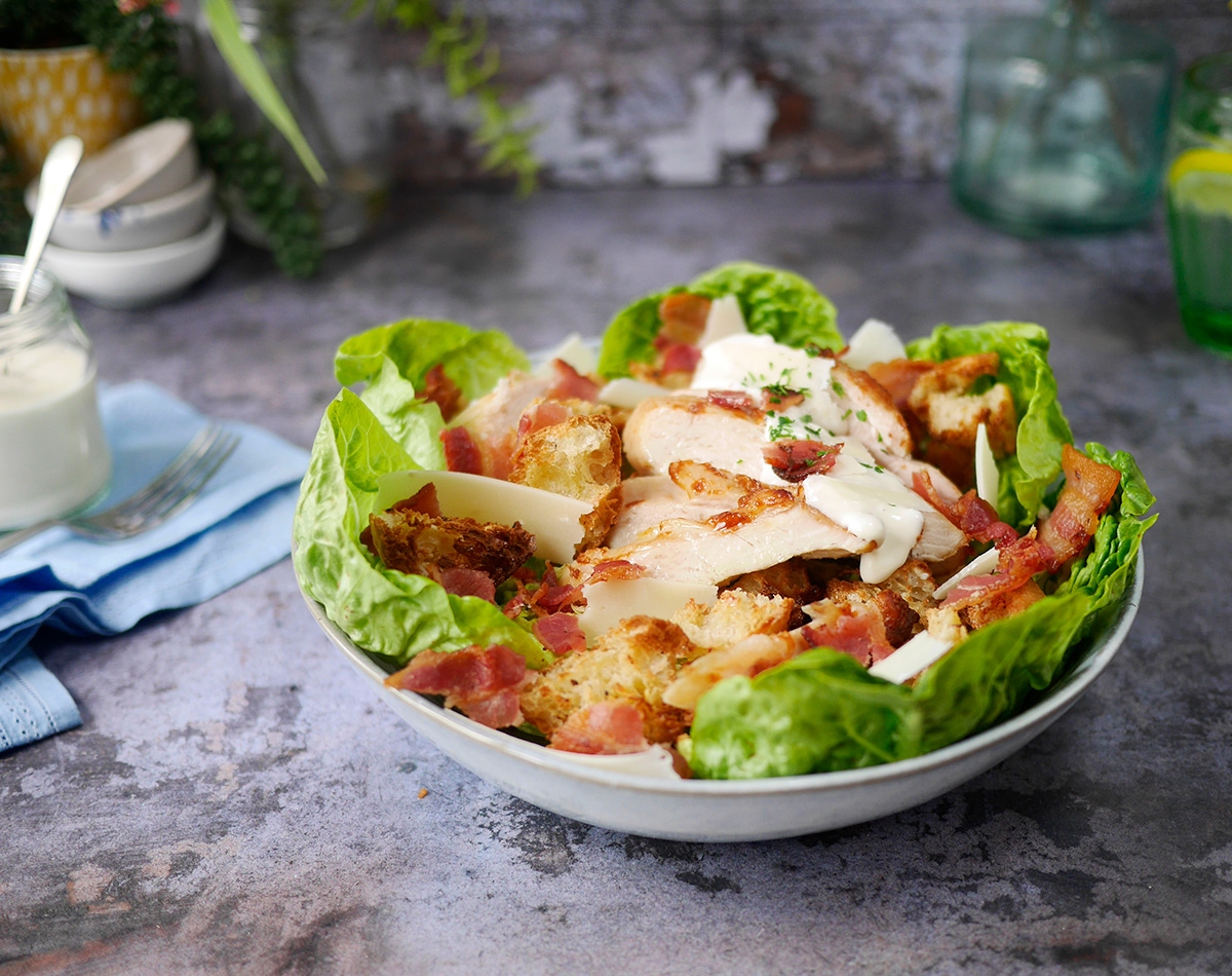 Chicken Caesar Salad with Garlicky Croutons and Smoked Bacon